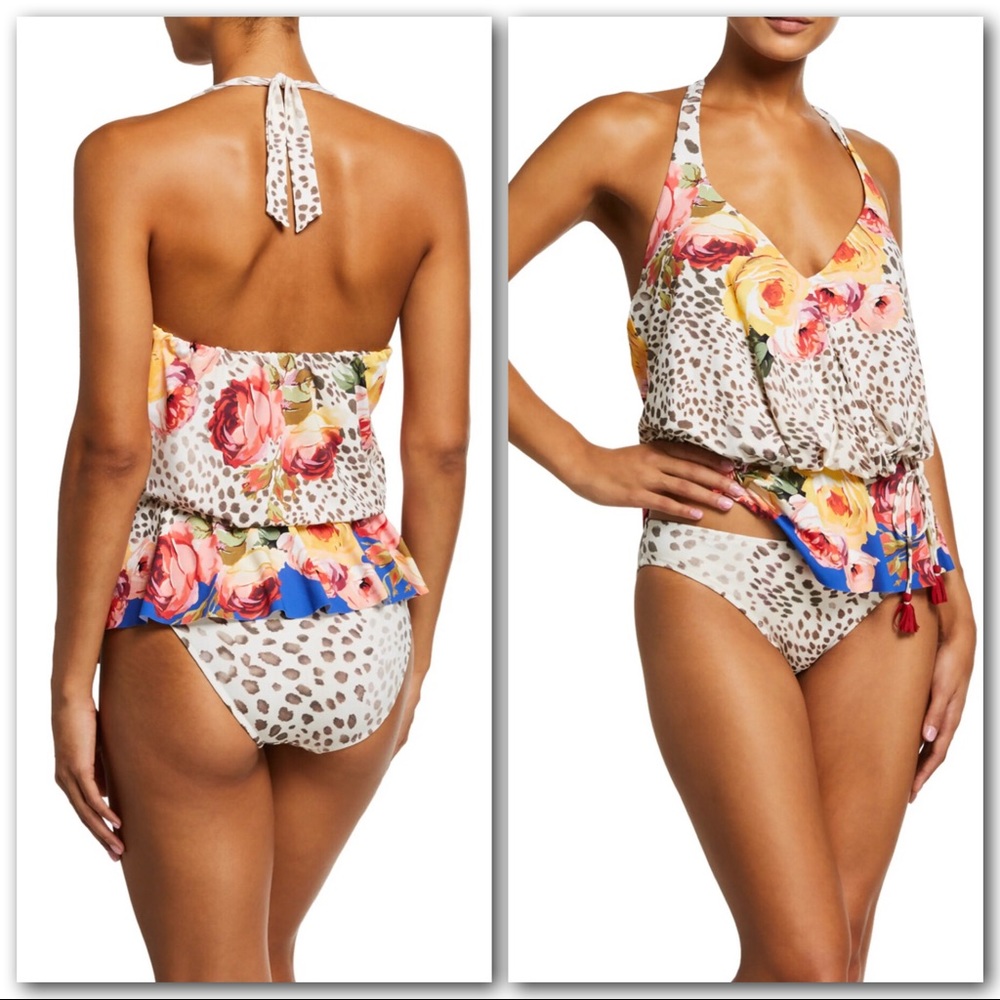 Johnny Was Oksana Leopard Floral Print Halter Wrap Tankini Top - Picture 6 of 12